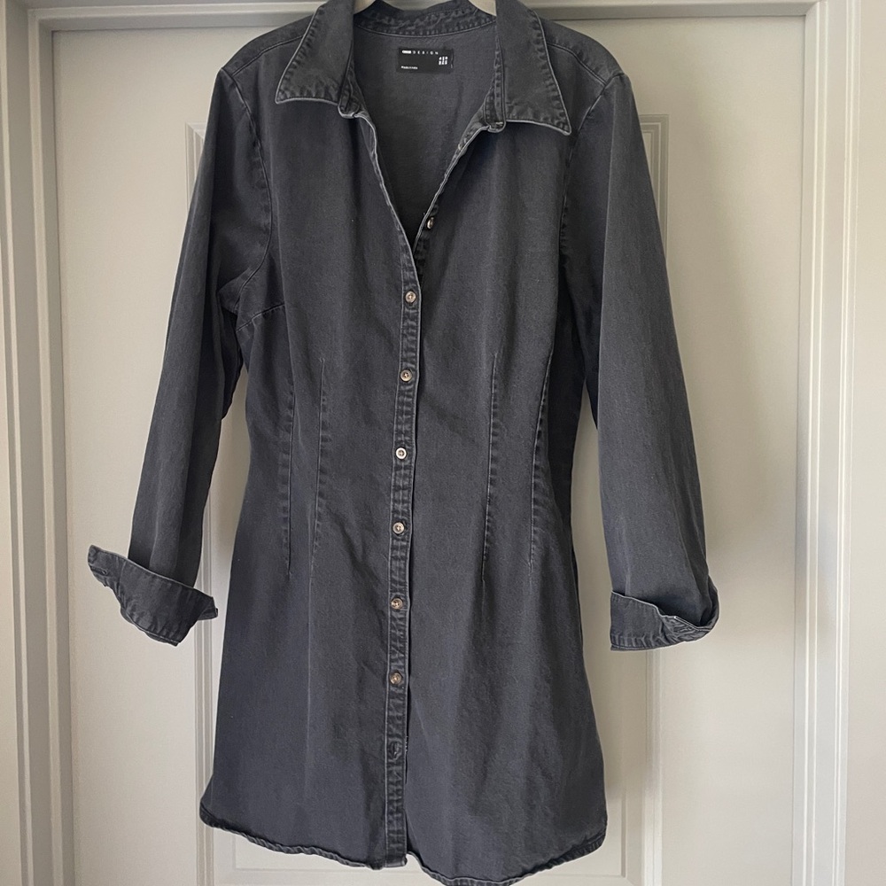 ASOS Washed Black Button-Front Long Sleeve Shirt Dress